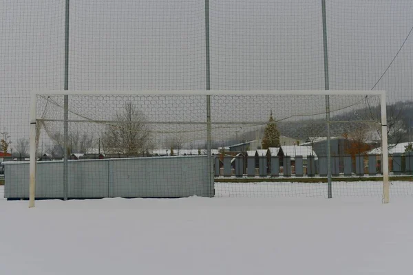 Snow Covered Football Goal Concept End Football Season Football League — Stock Photo, Image
