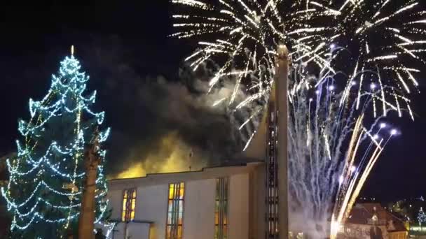 Albero Natale Illuminato Con Fuochi Artificio Capodanno Fuochi Artificio Sulla — Video Stock