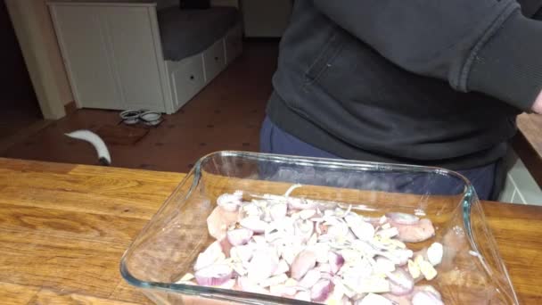 Spicing Chicken Cutlets Mans Hand Sprinkles Spices Chicken Fillets Preparing — Stock Video