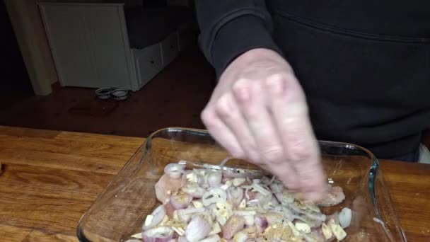 Przyprawiam Kotlety Kurczaka Męska Ręka Posypuje Przyprawami Filety Kurczaka Przygotowywanie — Wideo stockowe