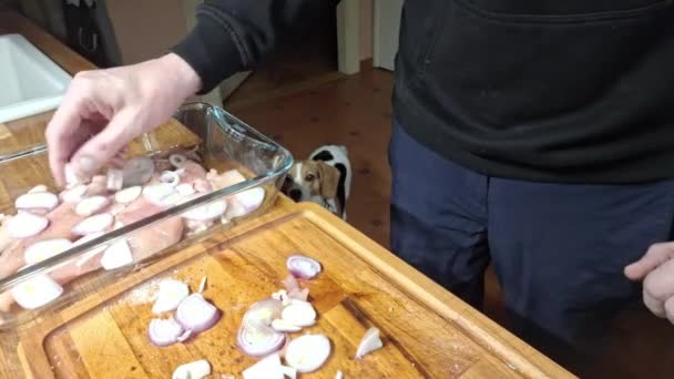 Man Puts Onion Slices Chicken Cutlets Putting Onion Rings Sliced — Stock Video