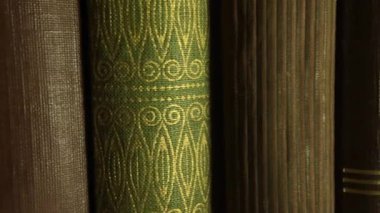 Bir dizi eski kitabın manzarası. Kitaplıkta rafa kaldırılmış eski bir kitap koleksiyonu. Eğitim ve klasik kitaplar kavramı. Yakın plan..