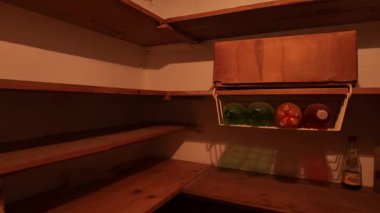 Eski bir köy kilerinin manzarası. Kilerin kapısını kapatıyorum. Kırsal oda kavramı.