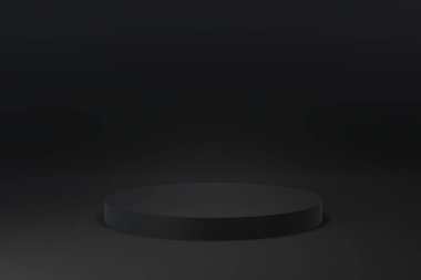 Black round podium on black background. 3D rendering, 3d illustration.