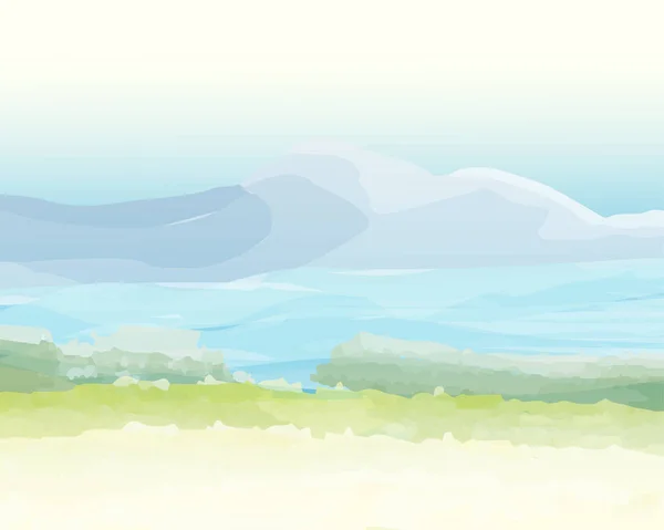 Aqucolor Painting Sea Mountains Meadow Beautiful Warm Comfortable Eyes Imagination — стоковый вектор