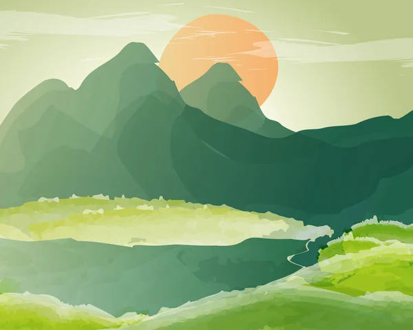 Schöne Natur Aquarellmalerei Grüne Berge Und Grüne Felder Abendstimmung — Stockvektor
