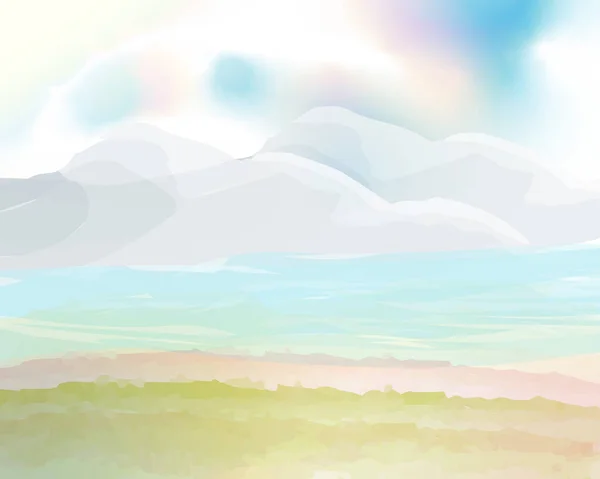Akvarel Moře Hory Louka Krásná Teplá Pohodlné Pro Oči Představivost — Stockový vektor