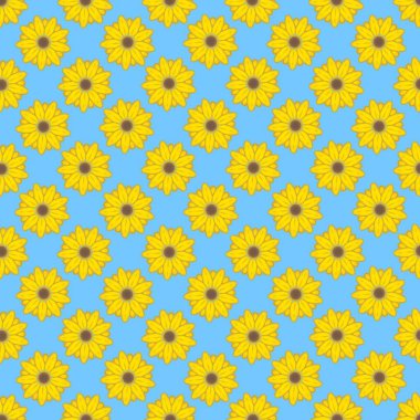 Mavi arka planda sarı çiçekli pürüzsüz desen.