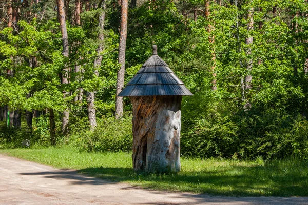 Drewniana Okrągła Tablica Informacyjna Dachem Skraju Chodnika Lesie — Zdjęcie stockowe