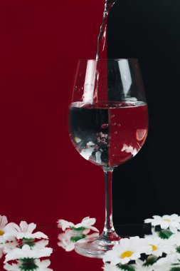 Renkli kırmızı ve siyah bir zemin üzerinde suyla dolu bir bardak ve yanılsama yaratan beyaz yapraklarla dolu bir hayat..