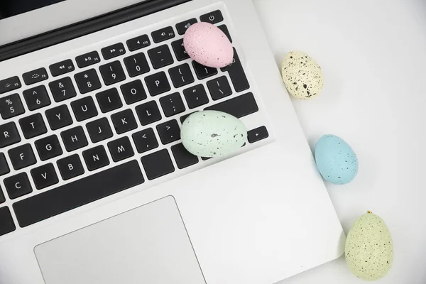 Computer Blank Empty Screen White Background Easter Eggs Space Text Stock Photo