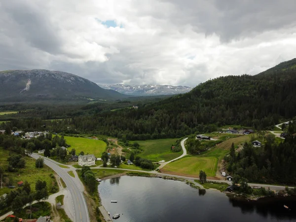 Aerial View Drone Shot Norwegian Fjord Mountains Green Pines Private — Stock Photo, Image