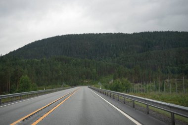 Norveç dağlarındaki otoyolun penceresinden manzarayı seyredin. Tepelerde yeşil kozalaklı ağaçlar.
