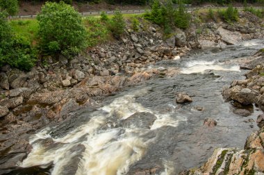 Norveç kayalık dağ nehri ile otoyolun yanında güzel bir manzara. Suyun beyaz köpük oluşturduğu akıntılar var. Nehirde şelale var. Nehir kıyısında yeşil kozalaklı ağaçlar. Yağmurlu ve ıslak yaz günü.