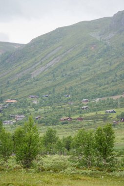 Norveç dağlarının eteklerindeki manzaranın güzelliği, sisli bir yaz gününde, İskandinav tarzı ahşap renkli özel evlerdir.
