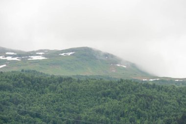 beautiful Scandinavian Norwegian mountain landscape with green trees covered in fog and a layer of white snow on the mountain peaks. clipart