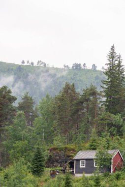 OSLO, NORway - 8 Temmuz 2023 Norveç dağlarındaki kırmızı ahşap konut.