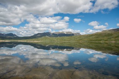 Norwegian nature landscapes, mountain under sunny blue sky Eldrevatnet lake in Hemsedal valley, Sogn og Fjordane, Norway clipart