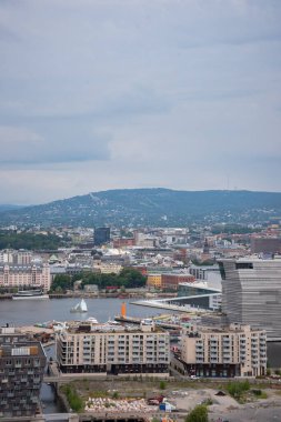 Oslo, Norveç - 10 Temmuz 2023: Ekrberg Parken tepesinden Oslo şehir merkezi