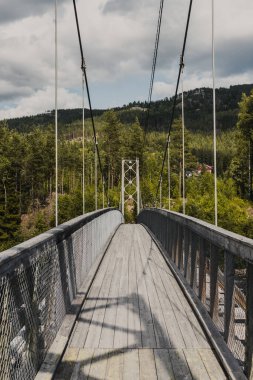 Norveç, İskandinavya 'daki Kroderen Gölü' ne akan Hallingdalselva nehri boyunca eski ahşap bir köprü.