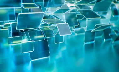 Soyut arkaplan, teknoloji konsepti, 3D görüntüleme, mavi cam dönen kareler