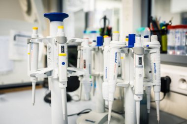 Prag, Çek Cumhuriyeti - 8 Kasım 2024: Modern Araştırma Laboratuvarında Dönen Duruşta Hassas Mikropipetler