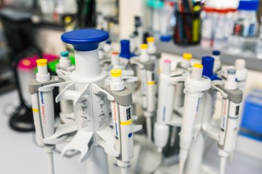 Prag, Çek Cumhuriyeti - 8 Kasım 2024: Modern Araştırma Laboratuvarında Dönen Duruşta Hassas Mikropipetler