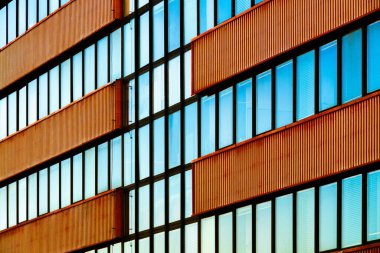 Dikey Metal Paneller ve Yansıtıcı Cam Pencerelerle Modern İnşaat Cephesi