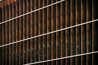 Sıcak güneş ışığıyla aydınlatılan ve güçlü geometrik karşıtlık ve ritim yaratan, tekrarlayan dikey pencerelerle modern bina sessizleşir