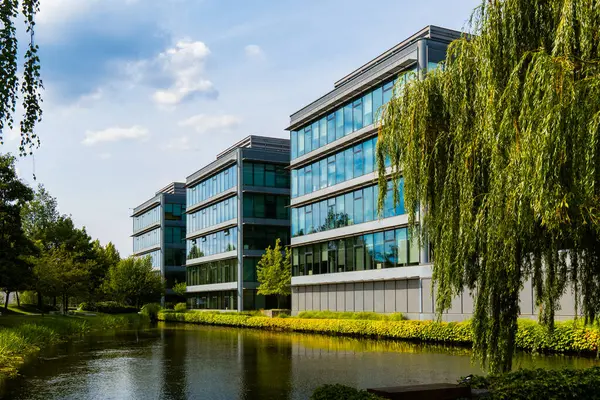 Yeşillik yansıması olan bir su özelliği boyunca ofis binaları