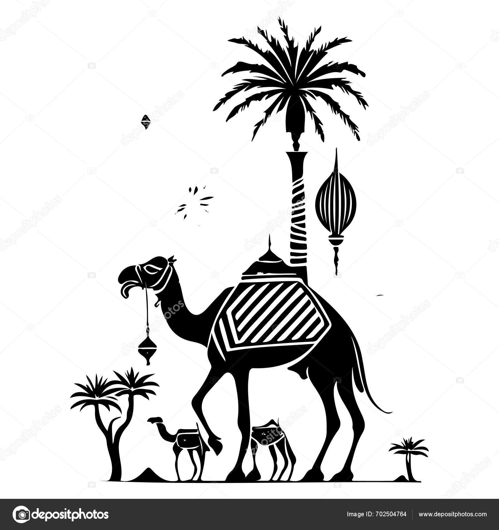 Sivatagi Teve Mecset Ramadán Dísz Pálmafa Illusztráció Vázlat Kéz Rajz ...