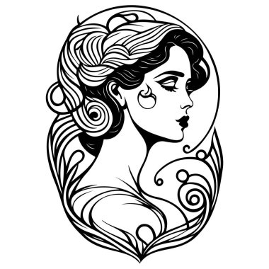 Güzel kadın Art Nouveau siyah çizim çizim elementi