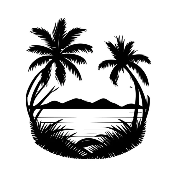 Tropical Summer Beach Ocean Sunset Icon Hand Draw Black Colour Stock Vektory