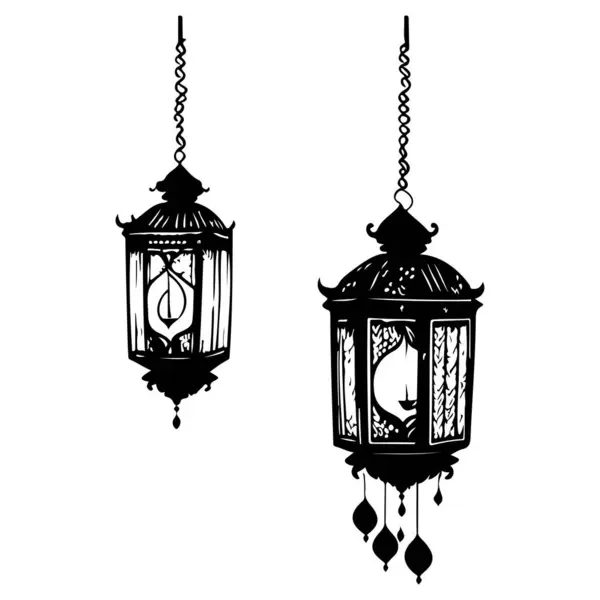Lantern Hanging Black Doodle Ramadan Symbol Illustration Draw Element — Stock Vector