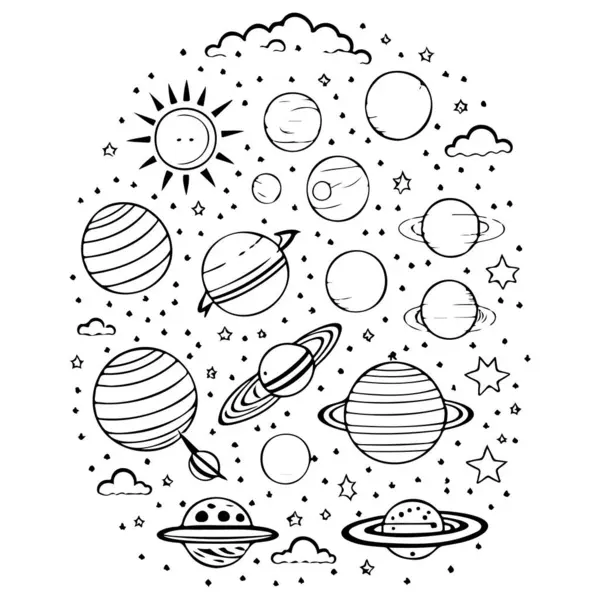 Kreslit Solární Děti Ufo Nebe Galaxie Prostor Ilustrace Ruční Kreslení Vektorová Grafika