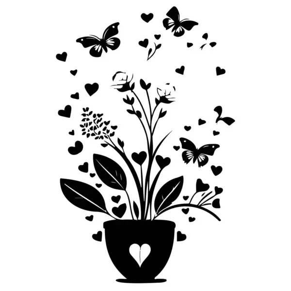 Valentine Pot Flower Love Butterfly Illustration Sketch Hand Draw Element — Stock Vector