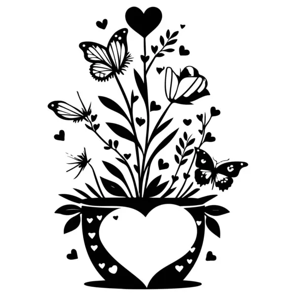 バレンタインポットの花の愛バタフライイラスト描画要素 — ストックベクタ