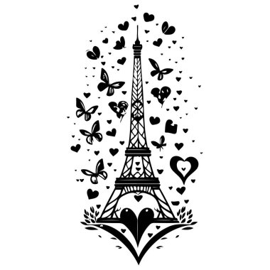 Kelebekli Eyfel Kulesi. Sevgi dolu bir kalp. Sevgililer Günü çizimi.