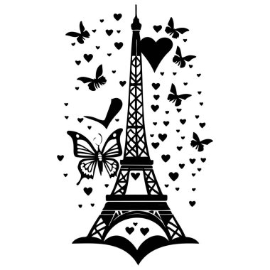 Kelebekli Eyfel Kulesi, sevgililer günü resmi çizim elementi siyah.