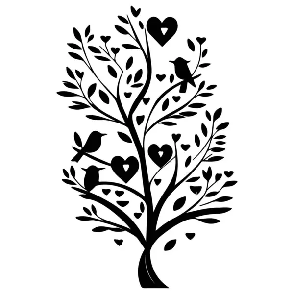 Sevgililer Günü Ağacı Kalpleri Iki Kuş Çizimi Taslak Elementi — Stok Vektör
