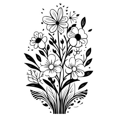 Buket Soyut Bahar Çiçekleri Kelebek çizim çizimi el çizimi ögesi