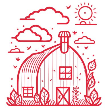 Kırmızı ev, bir çiftlik bahar illüstrasyon elementinin bir parçası.