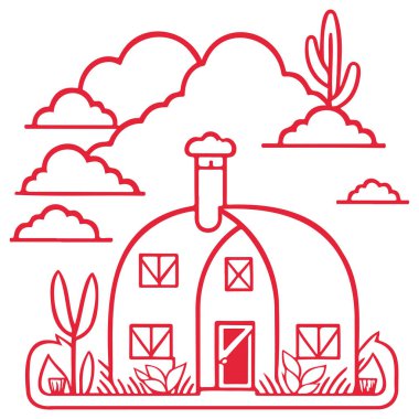 Kırmızı ev, bir çiftlik bahar illüstrasyon elementinin bir parçası.