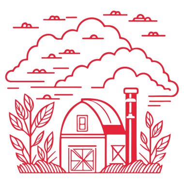 Kırmızı ev, bir çiftlik bahar illüstrasyon elementinin bir parçası.