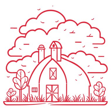 Kırmızı ev, bir çiftlik bahar illüstrasyon elementinin bir parçası.
