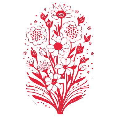 Buket Soyut Bahar Çiçekleri Kelebek illüstrasyon elementi kırmızı