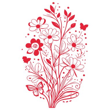 Buket Soyut Bahar Çiçekleri Kelebek illüstrasyon elementi kırmızı