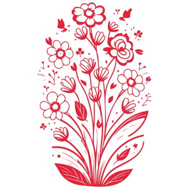 Buket Soyut Bahar Çiçekleri Kelebek illüstrasyon elementi kırmızı