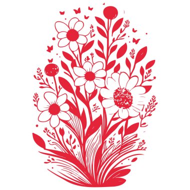 Buket Soyut Bahar Çiçekleri Kelebek illüstrasyon elementi kırmızı