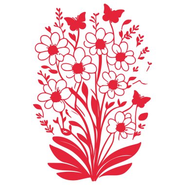 Buket Soyut Bahar Çiçekleri Kelebek illüstrasyon elementi kırmızı